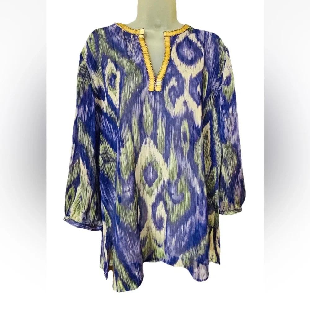 Chicos 2 Travelers Size Large Semi Sheer Blouse Purple 3/4 Sleeve Gold Trim Top - Picture 10 of 10